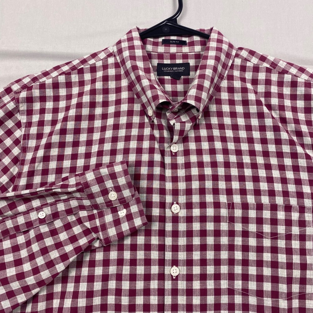 Lucky Brand Slim Fit Button Down‎ Shirt Mens XL Maroon White Gingham Casual